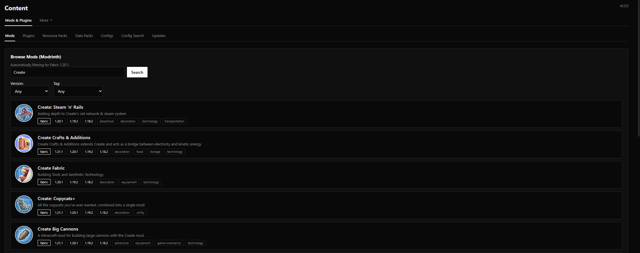 Coalstack's Marketplace Mods tab showing Fabric-compatible mod search results