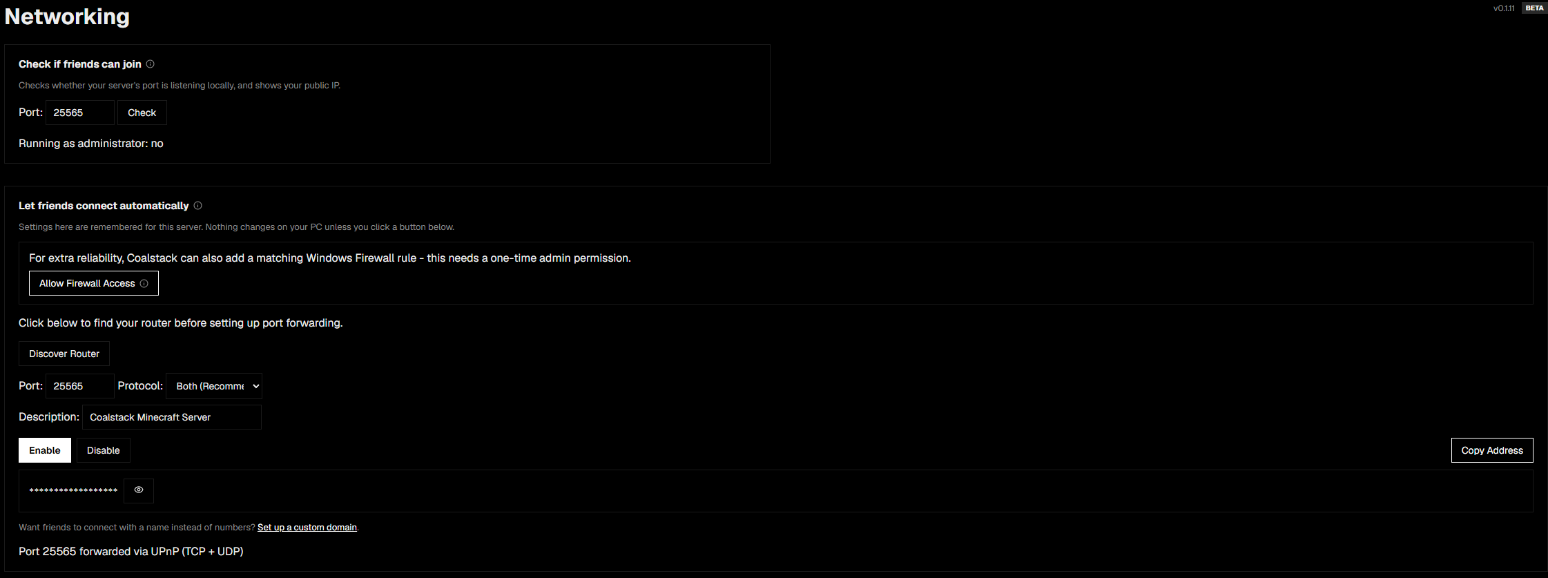 The Networking page with uPnP port forwarding