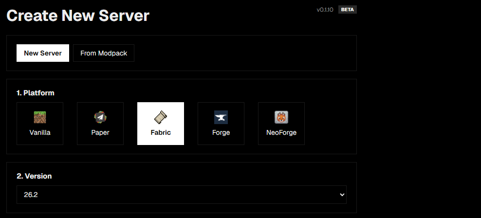 The Create New Server wizard in Coalstack