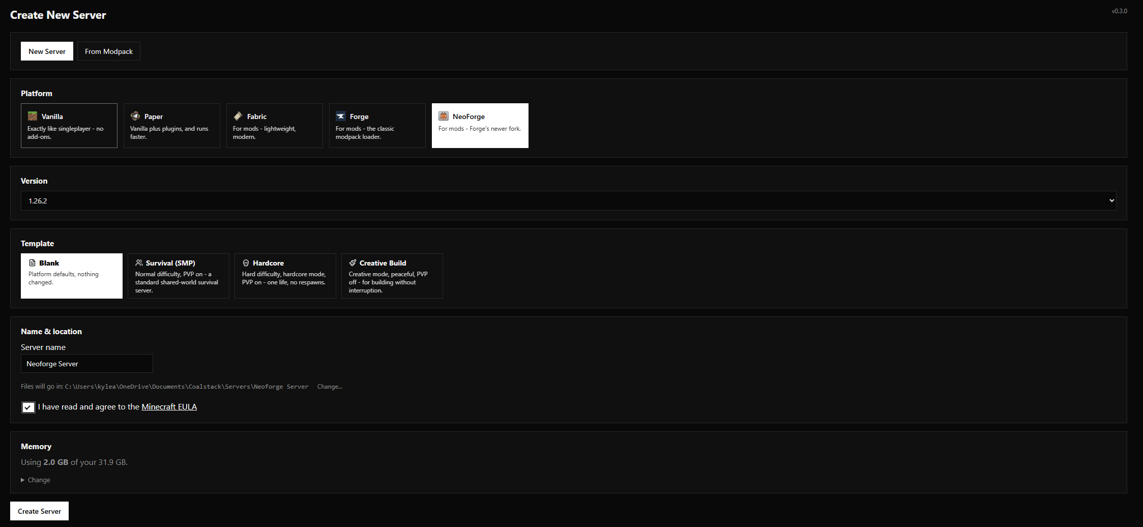 Coalstack's Setup Wizard with NeoForge selected as the platform
