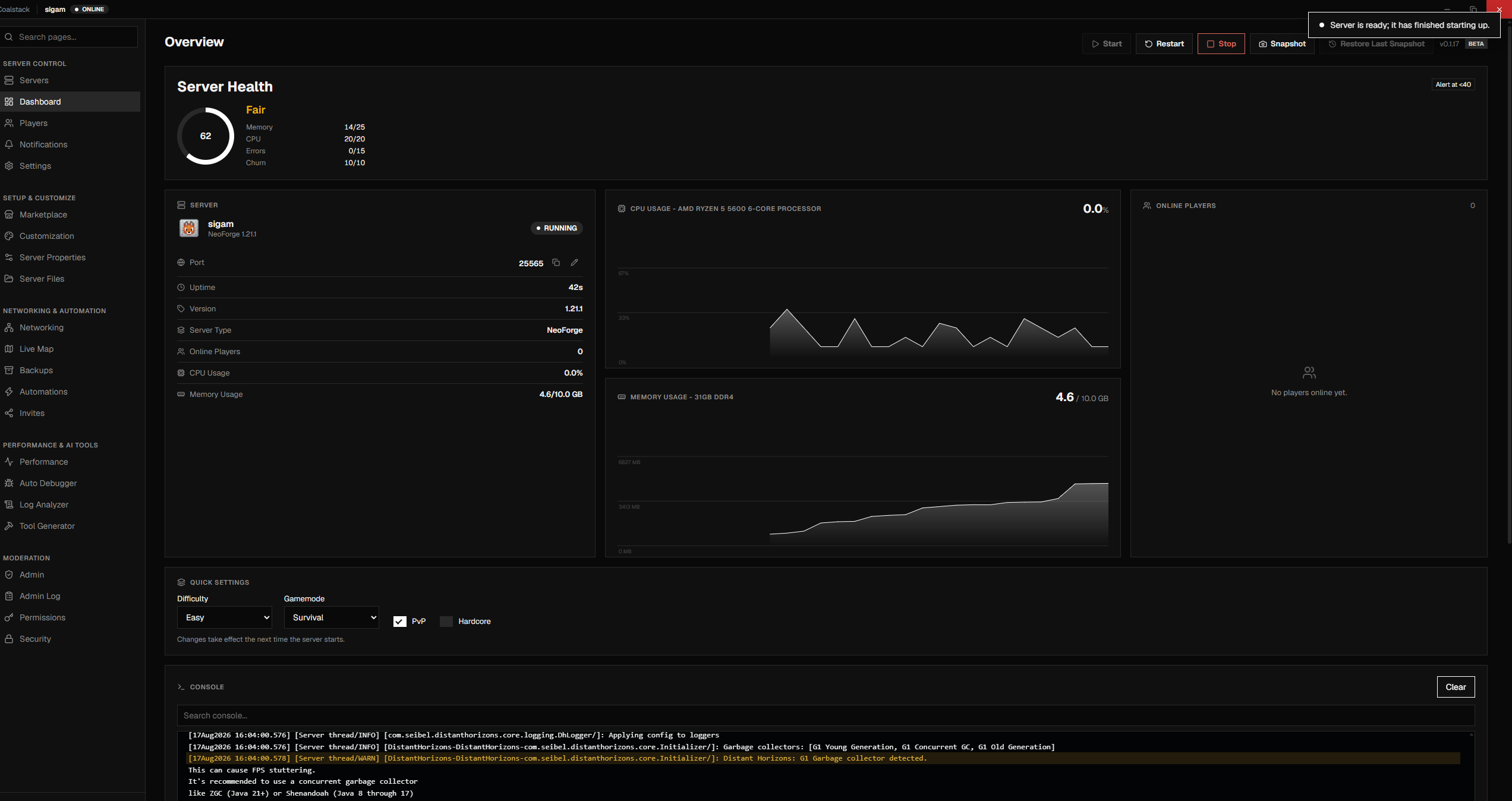 Coalstack dashboard managing a running server