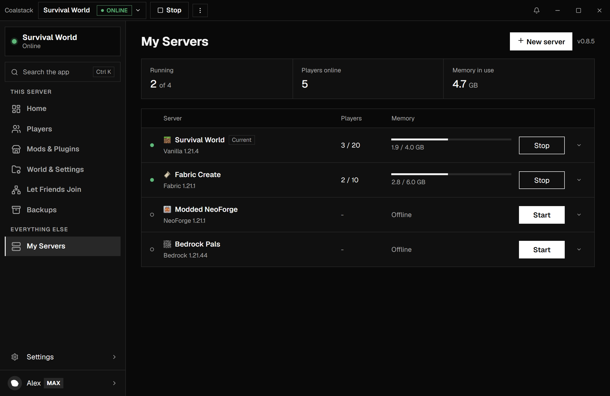 Coalstack server switcher listing several servers